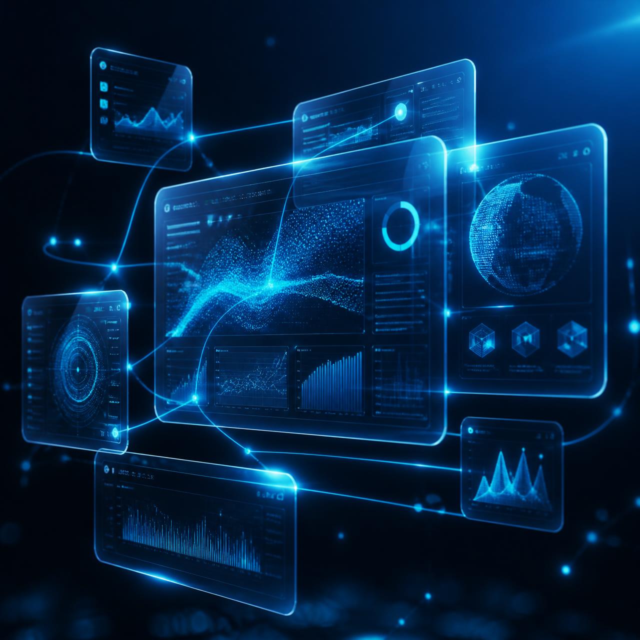 Floating translucent website interface panels connected by glowing data links